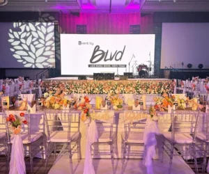 A table set with plates, glasses, and a centerpiece for an event_BlvdChangi