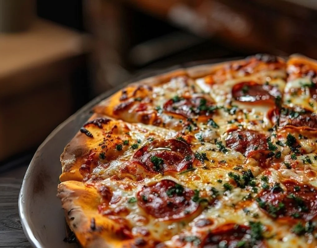 Close-up of freshly baked pepperoni pizza with melted cheese and herbs at BLVD Changi City Point.