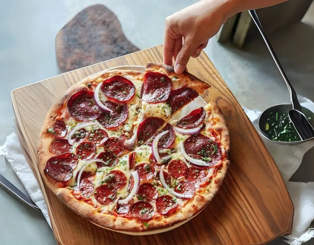 Handcrafted pepperoni and onion pizza served on a wooden board at BLVD Changi City Point